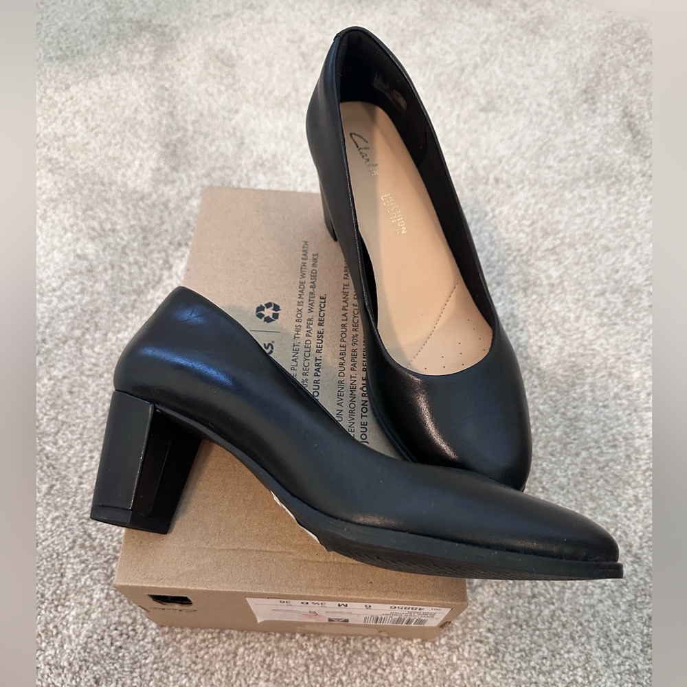 Clark’s cushion black dress heel shoe